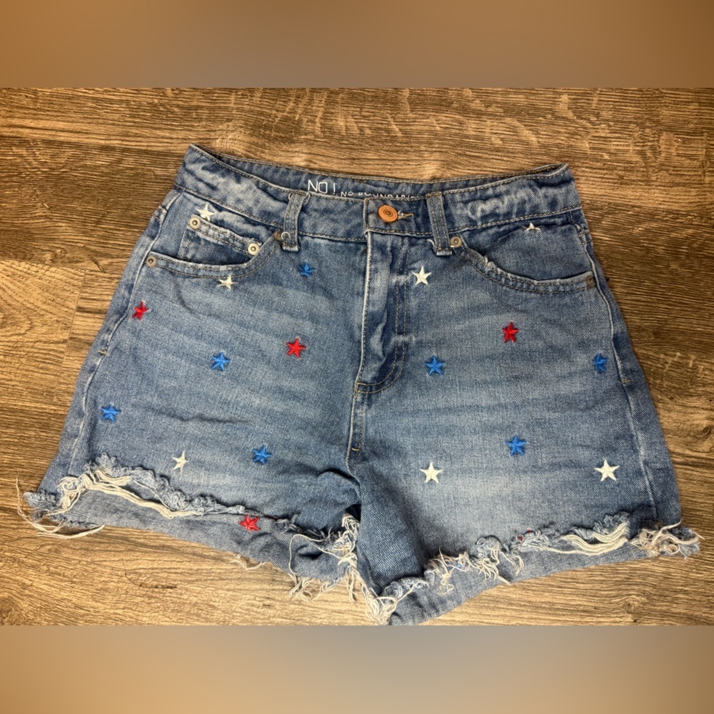 No Boundaries Blue and Red Jean Shorts with Distressed Hem - Picture 2 of 6